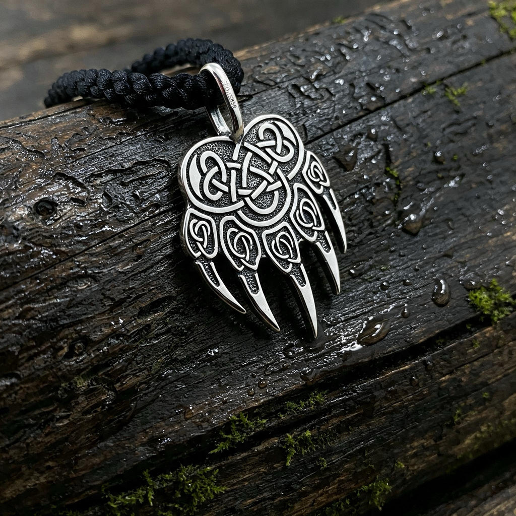 Bear Paw with Symbol of Veles Amulet, Sterling Silver 925 — Slavic Symbol Pendant
