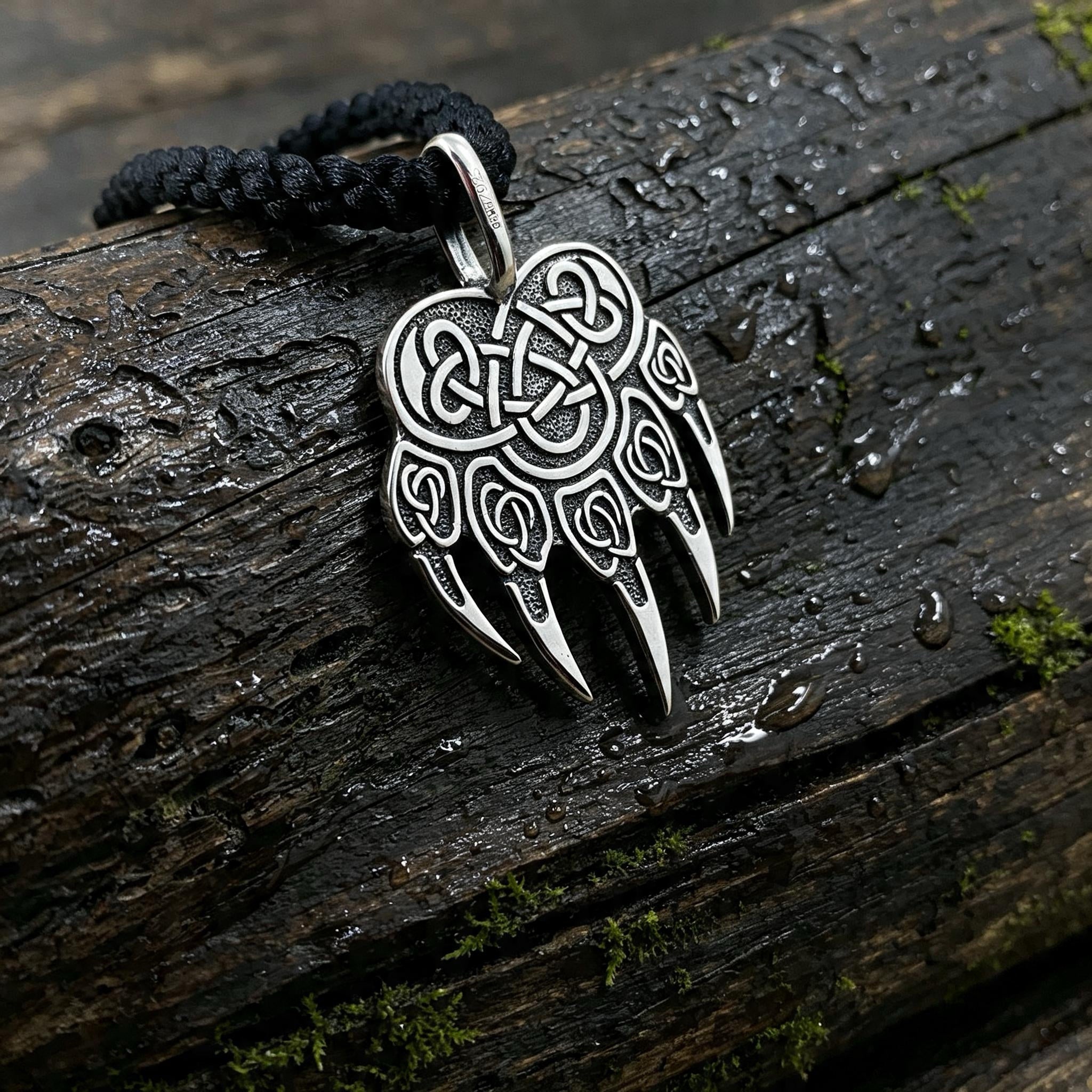 Bear Paw with Symbol of Veles Amulet, Sterling Silver 925 — Slavic Symbol Pendant