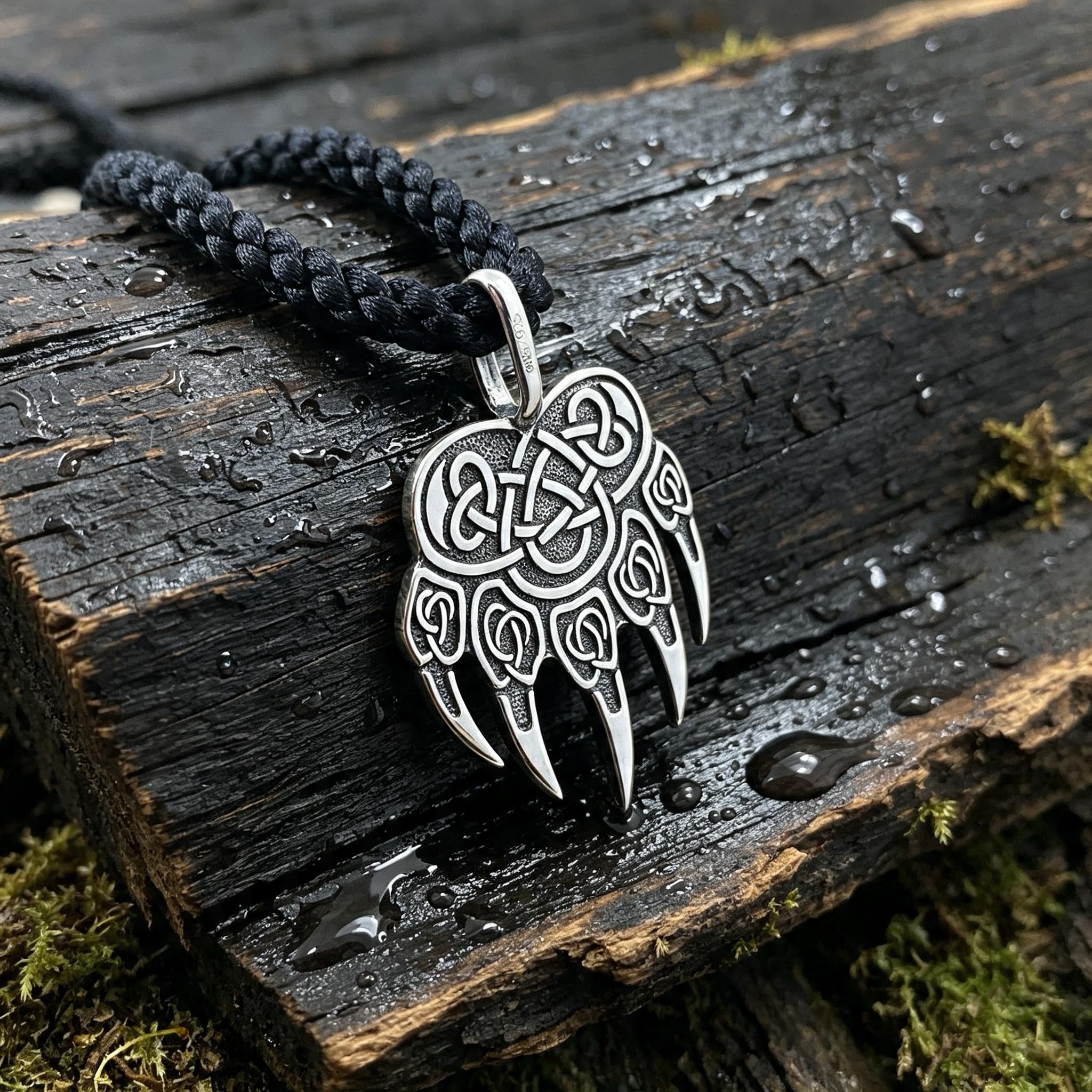 Bear Paw with Symbol of Veles Amulet, Sterling Silver 925 — Slavic Symbol Pendant