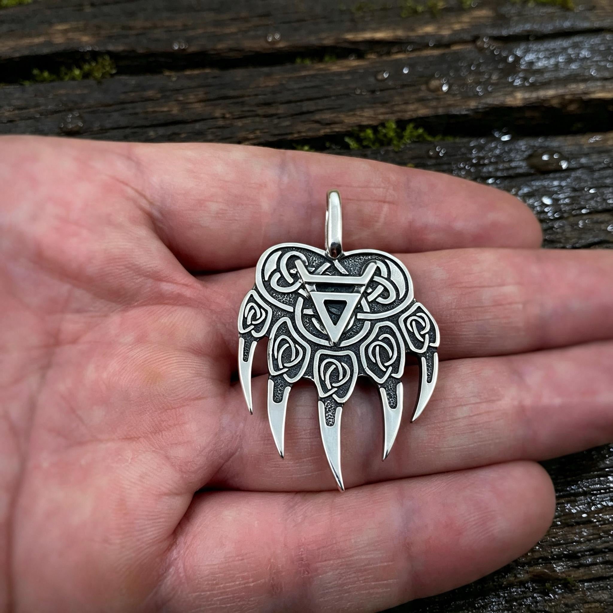 Bear Paw with Symbol of Veles Amulet, Sterling Silver 925 — Slavic Symbol Pendant