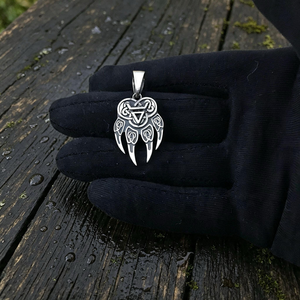 Wolf Paw with Symbol of Veles Amulet, Sterling Silver 925 — Slavic Symbol Pendant