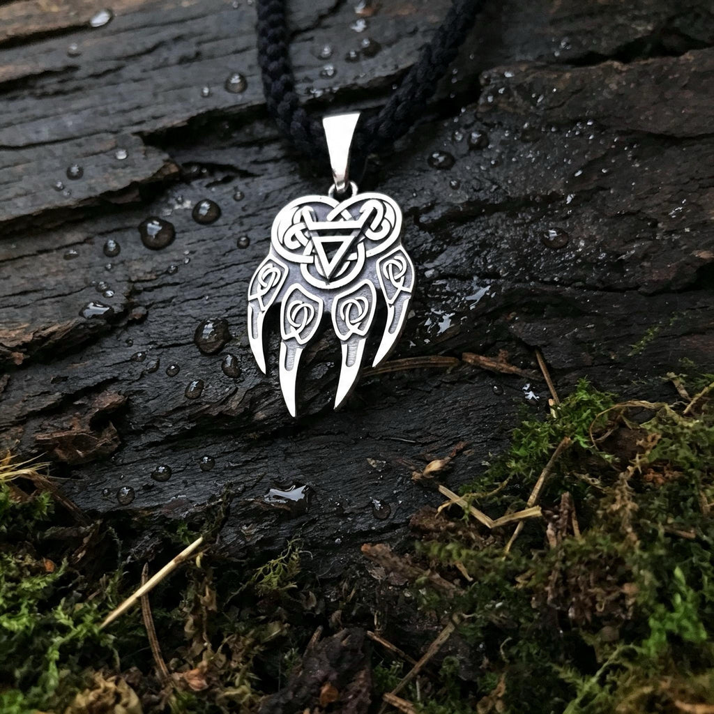Wolf Paw with Symbol of Veles Amulet, Sterling Silver 925 — Slavic Symbol Pendant