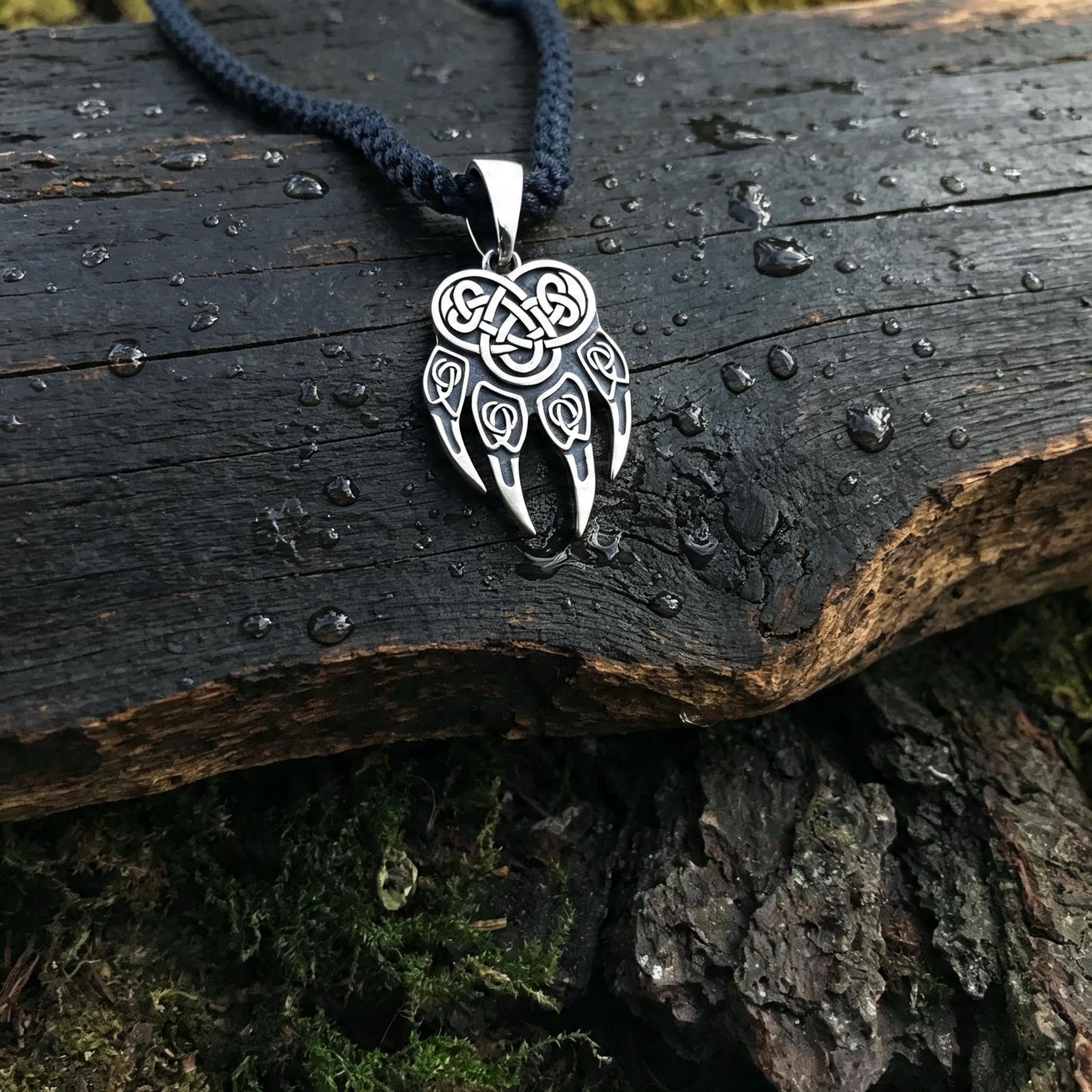 Wolf Paw with Symbol of Veles Amulet, Sterling Silver 925 — Slavic Symbol Pendant