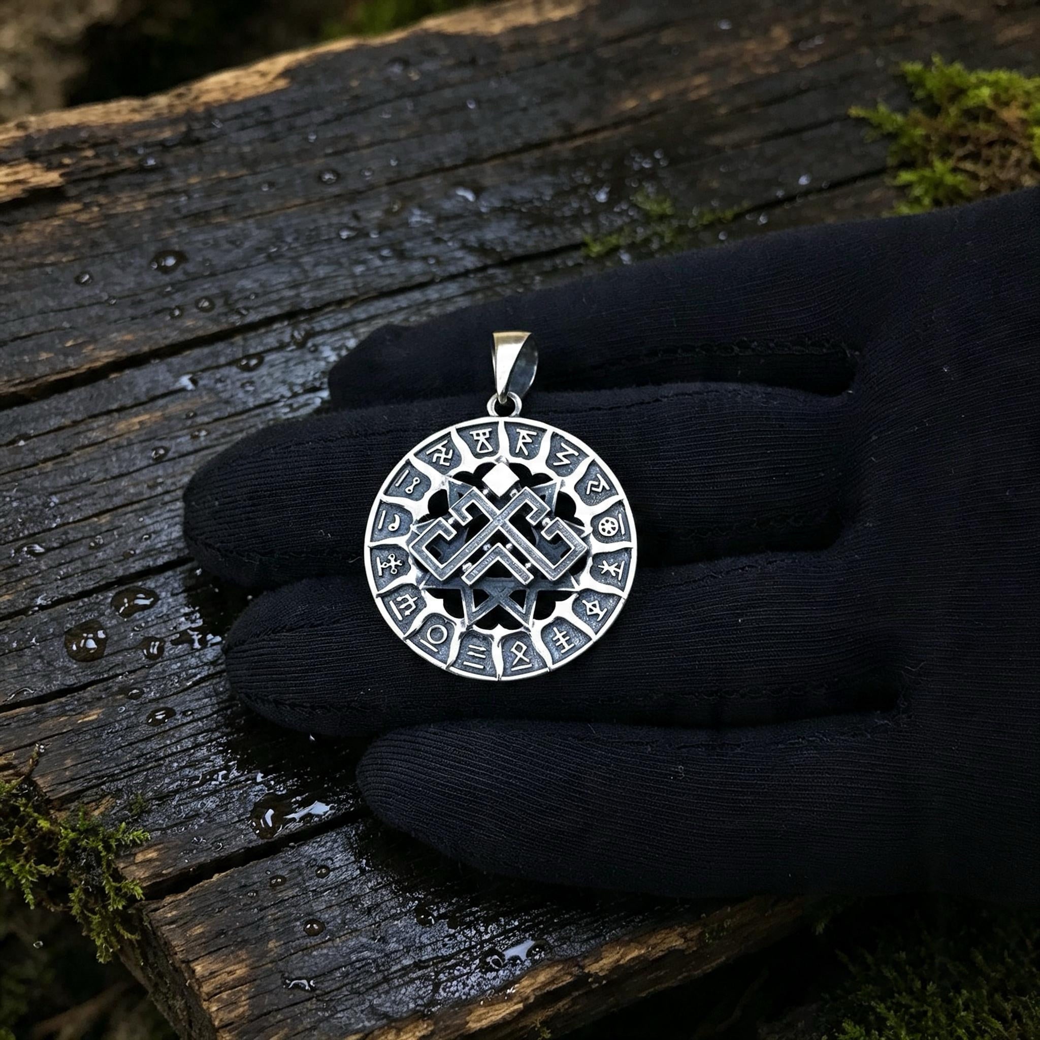 Rozhanitsa in Svarog's Circle Amulet, Sterling Silver 925 — Slavic Symbol Pendant