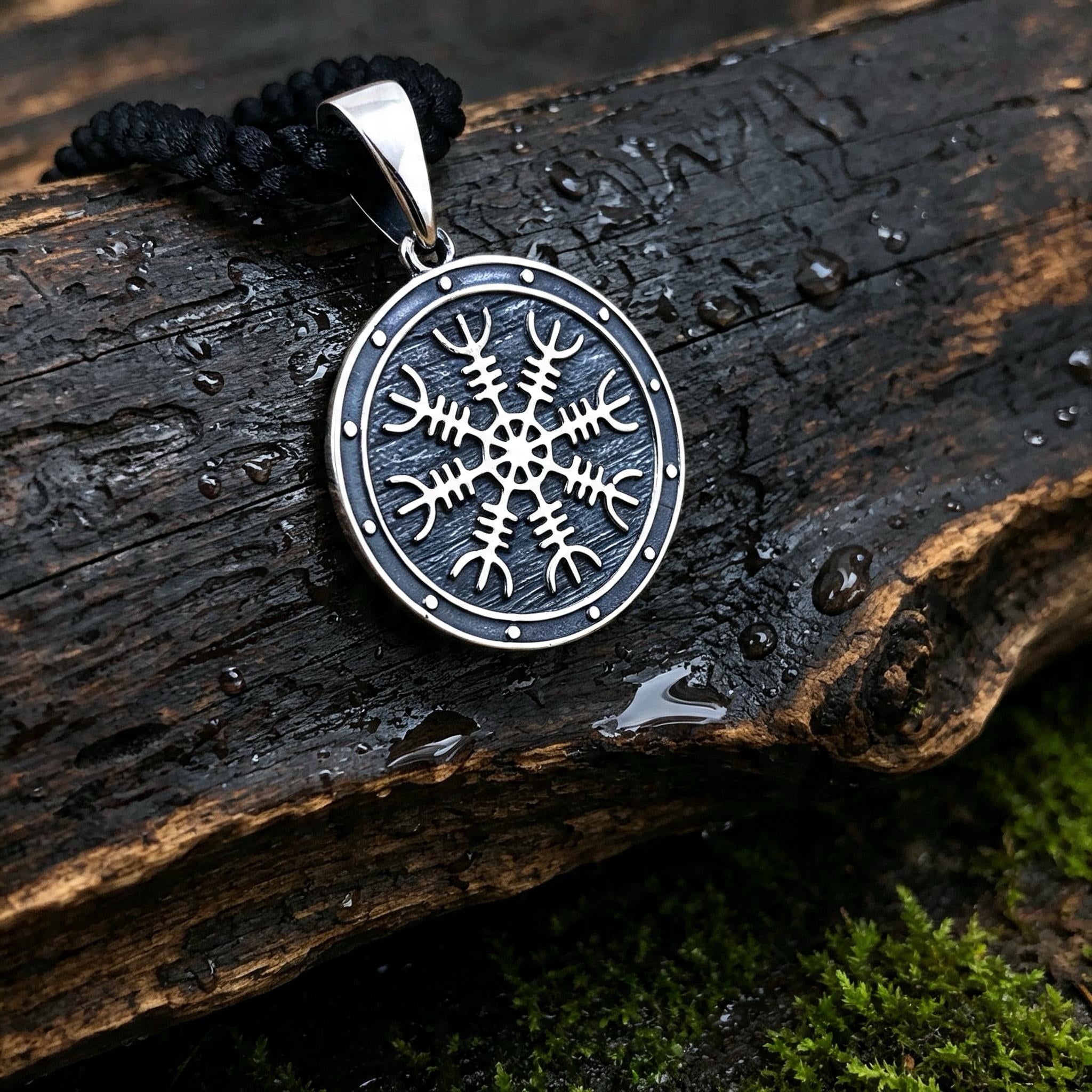 Helm of Awe on a Shield Amulet, Sterling Silver 925 — Viking Symbol Pendant