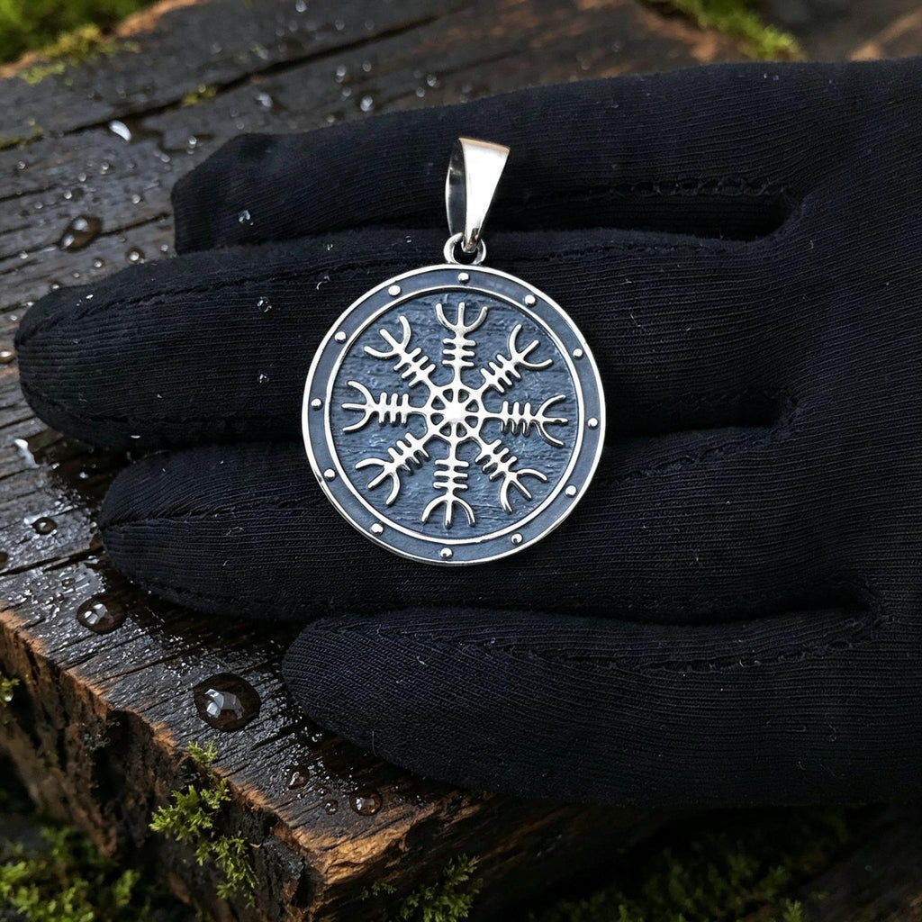 Helm of Awe on a Shield Amulet, Sterling Silver 925 — Viking Symbol Pendant