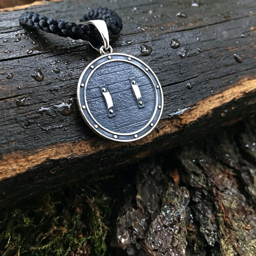 Helm of Awe on a Shield Amulet, Sterling Silver 925 — Viking Symbol Pendant
