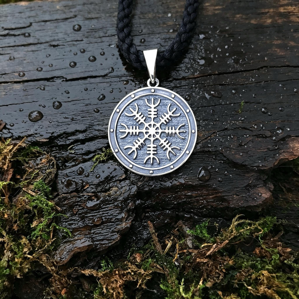 Helm of Awe on a Shield Amulet, Sterling Silver 925 — Viking Symbol Pendant
