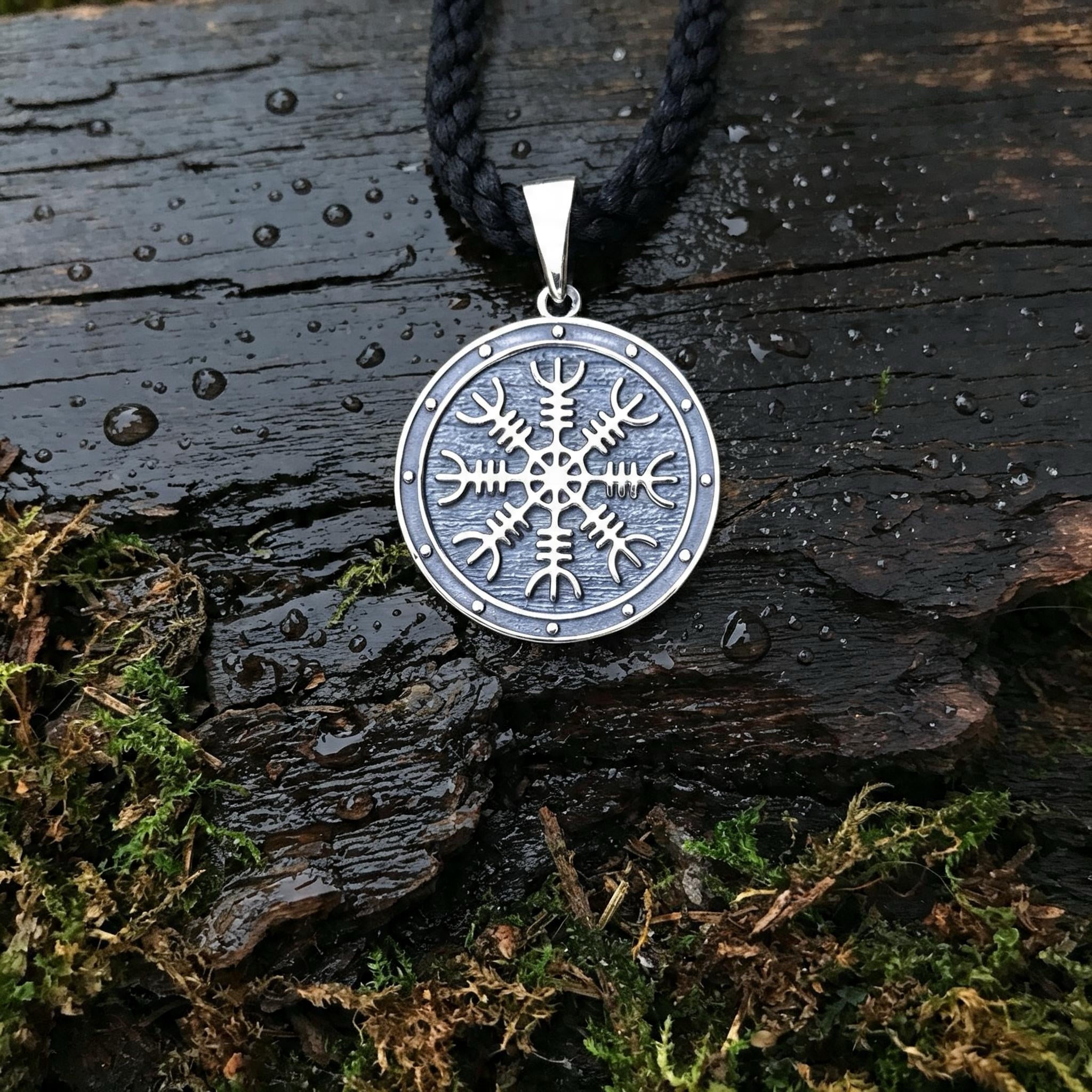 Helm of Awe on a Shield Amulet, Sterling Silver 925 — Viking Symbol Pendant