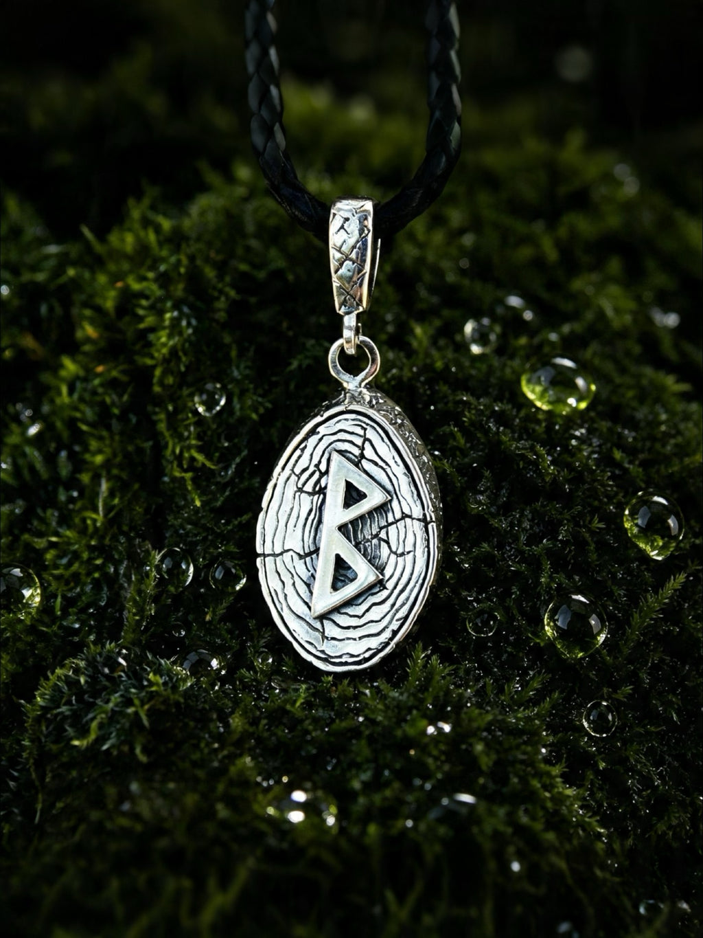 Berkana Rune Amulet on Willow Wood-Slice, Sterling Silver 925 — Pendant