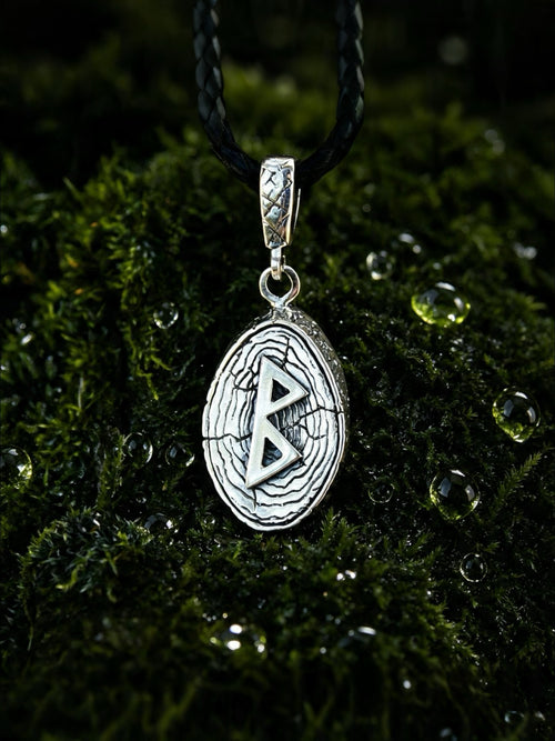 Berkana Rune Amulet on Willow Wood-Slice, Sterling Silver 925 — Pendant