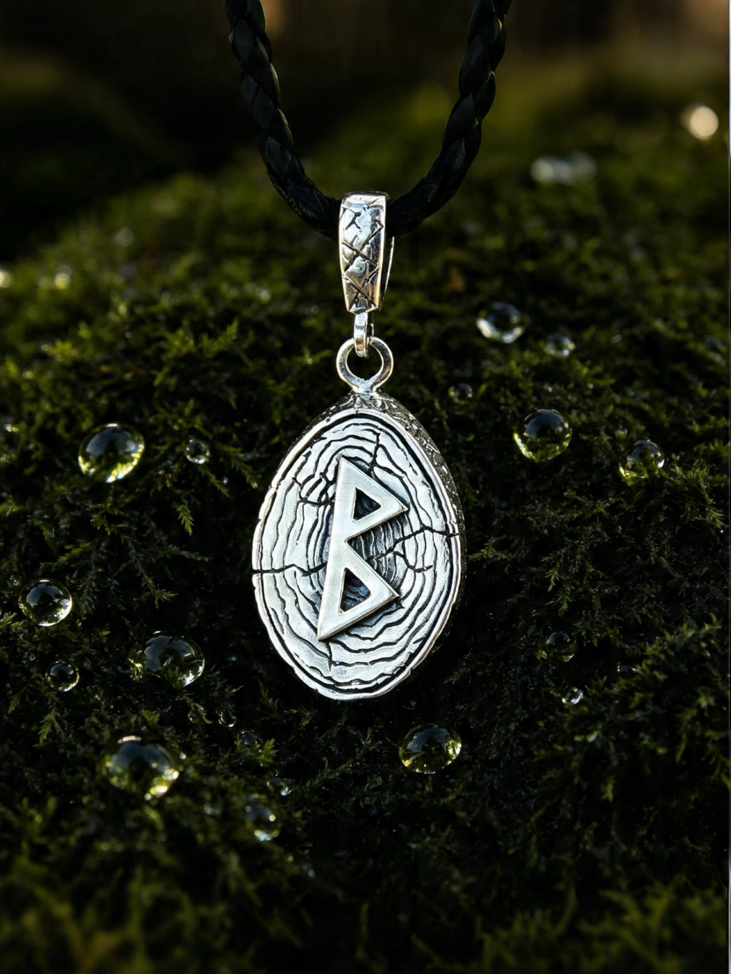 Berkana Rune Amulet on Willow Wood-Slice, Sterling Silver 925 — Pendant