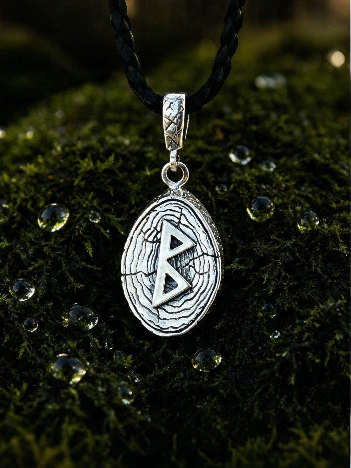 Berkana Rune Amulet on Willow Wood-Slice, Sterling Silver 925 — Pendant