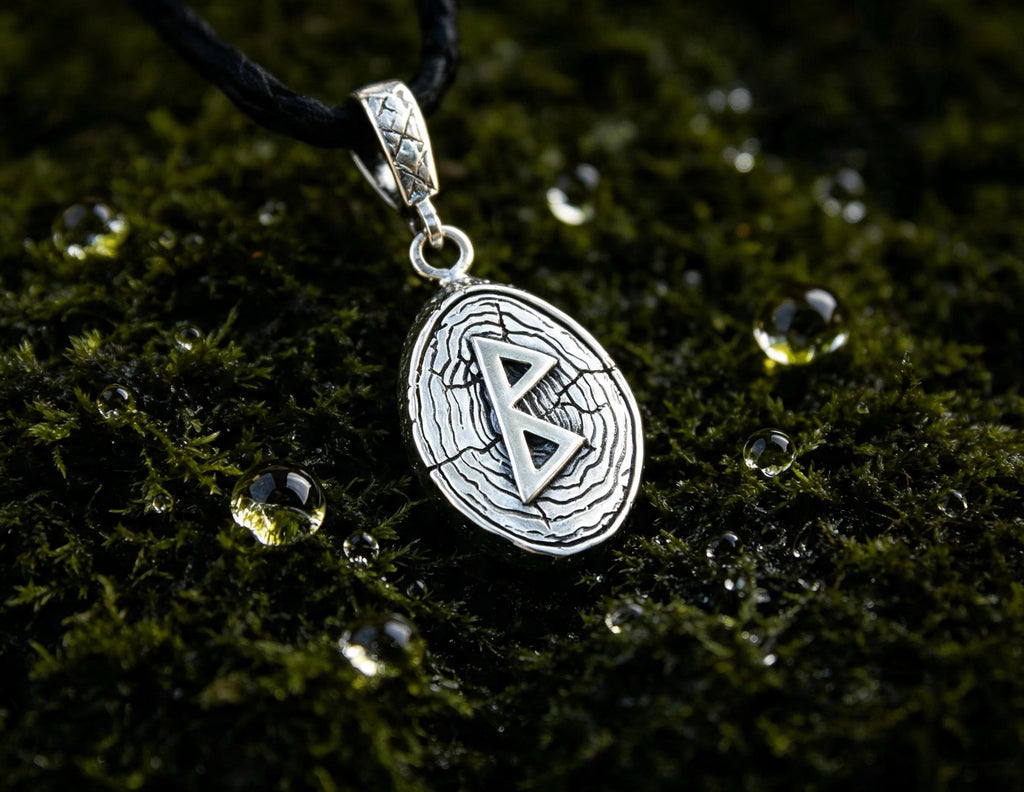 Berkana Rune Amulet on Willow Wood-Slice, Sterling Silver 925 — Pendant