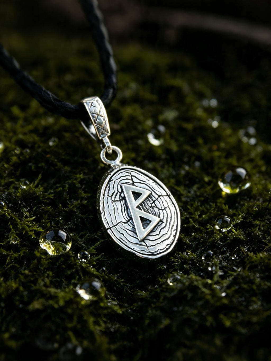 Berkana Rune Amulet on Willow Wood-Slice, Sterling Silver 925 — Pendant
