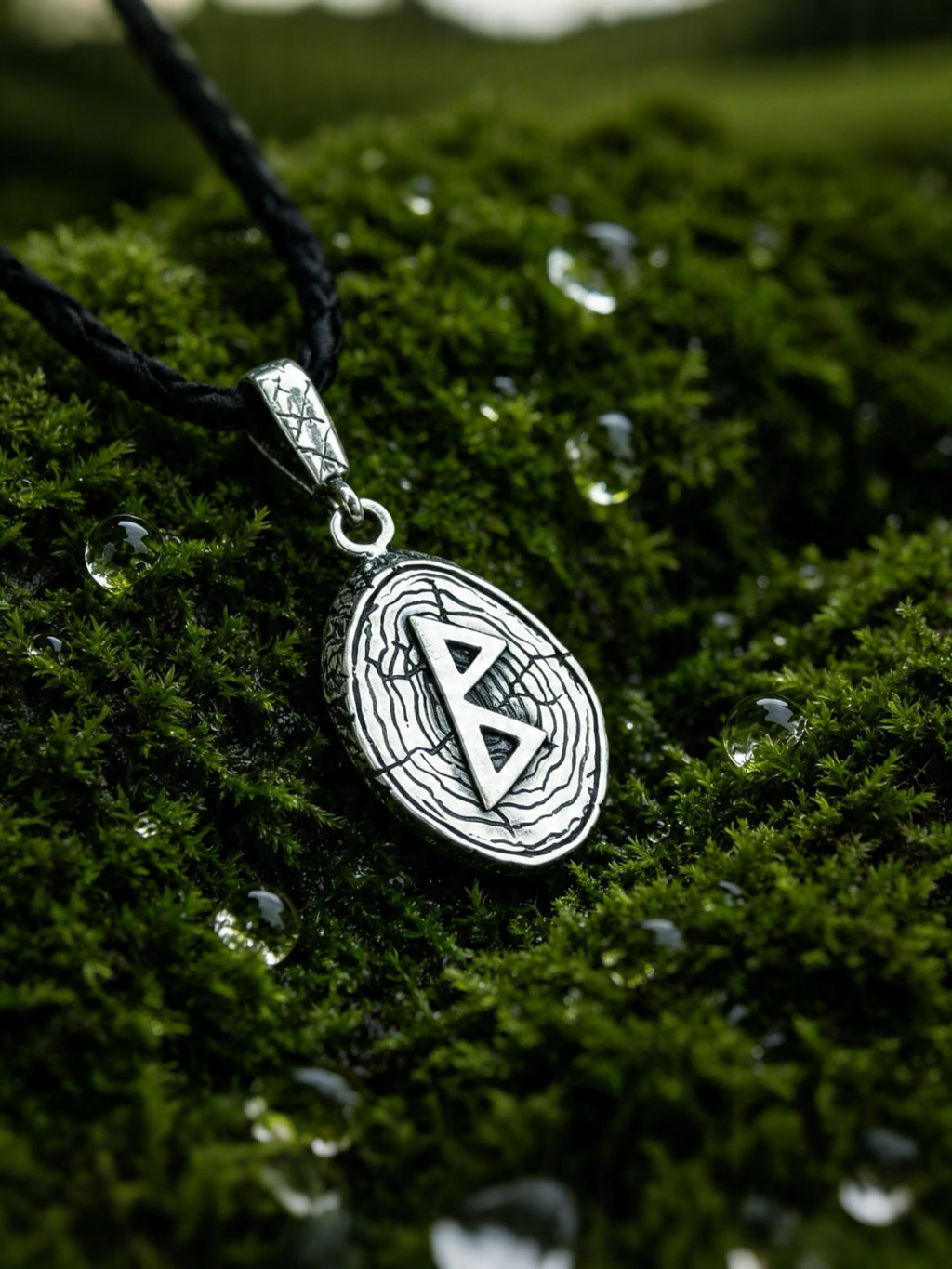 Berkana Rune Amulet on Willow Wood-Slice, Sterling Silver 925 — Pendant