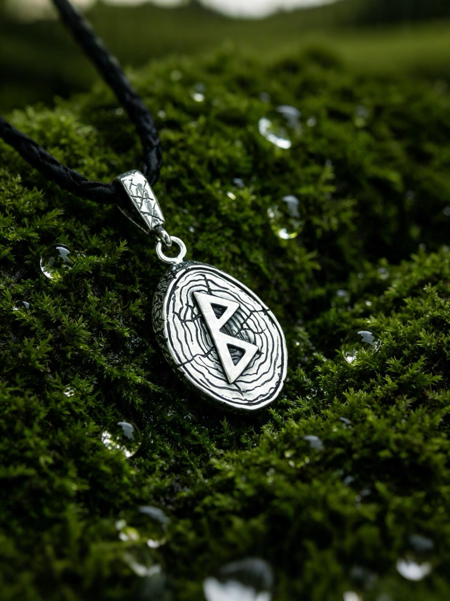 Berkana Rune Amulet on Willow Wood-Slice, Sterling Silver 925 — Pendant
