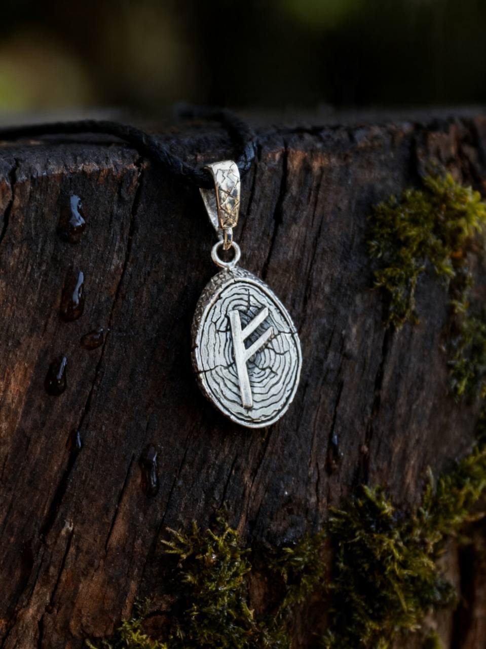 Fehu Rune Amulet on Willow Wood-Slice, Sterling Silver 925 — Pendant
