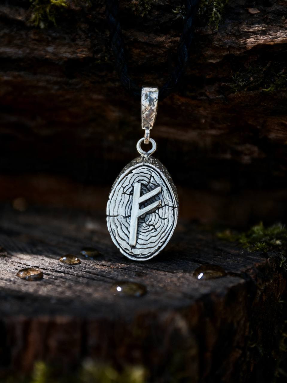 Fehu Rune Amulet on Willow Wood-Slice, Sterling Silver 925 — Pendant