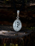 Fehu Rune Amulet on Willow Wood-Slice, Sterling Silver 925 — Pendant