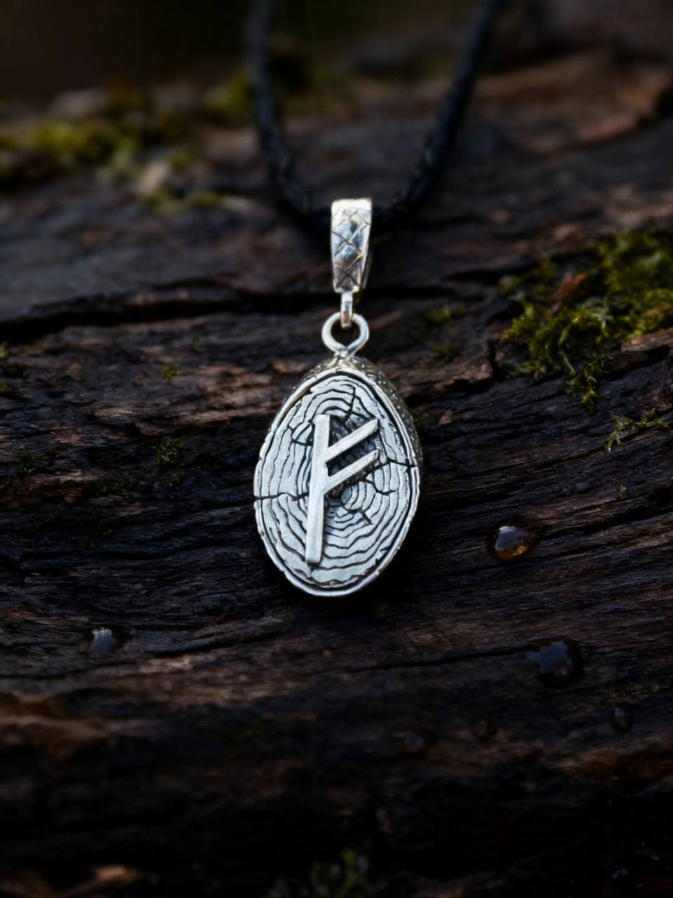 Fehu Rune Amulet on Willow Wood-Slice, Sterling Silver 925 — Pendant