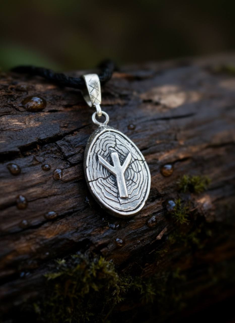 Algiz Rune Amulet on Willow Wood-Slice, Sterling Silver 925 — Pendant