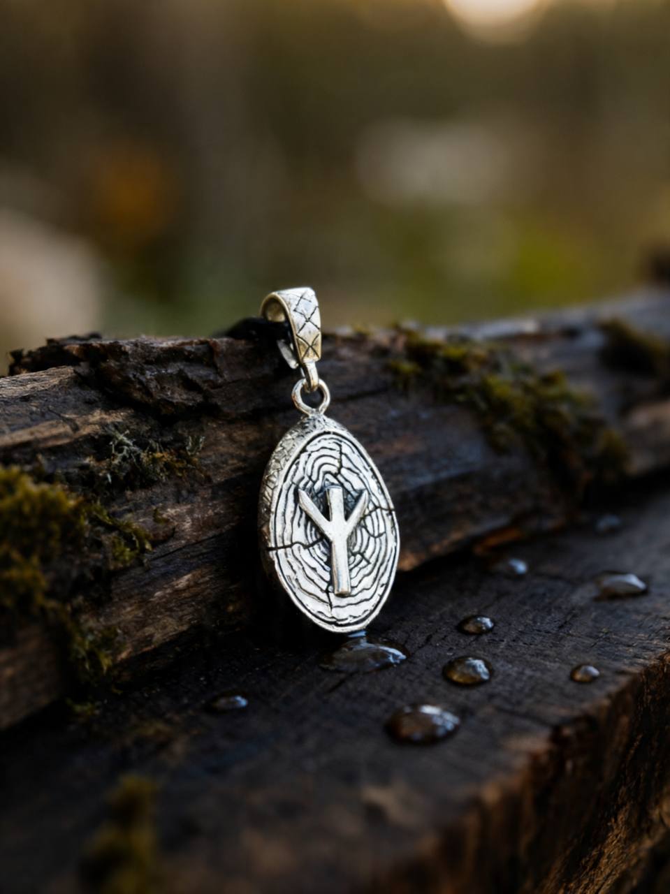 Algiz Rune Amulet on Willow Wood-Slice, Sterling Silver 925 — Pendant