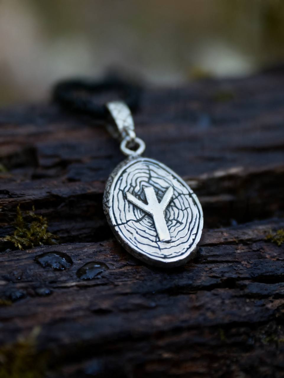 Algiz Rune Amulet on Willow Wood-Slice, Sterling Silver 925 — Pendant