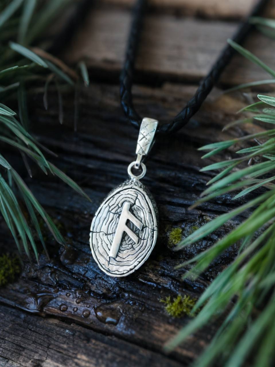 Ansuz Rune Amulet on Willow Wood-Slice, Sterling Silver 925 — Pendant