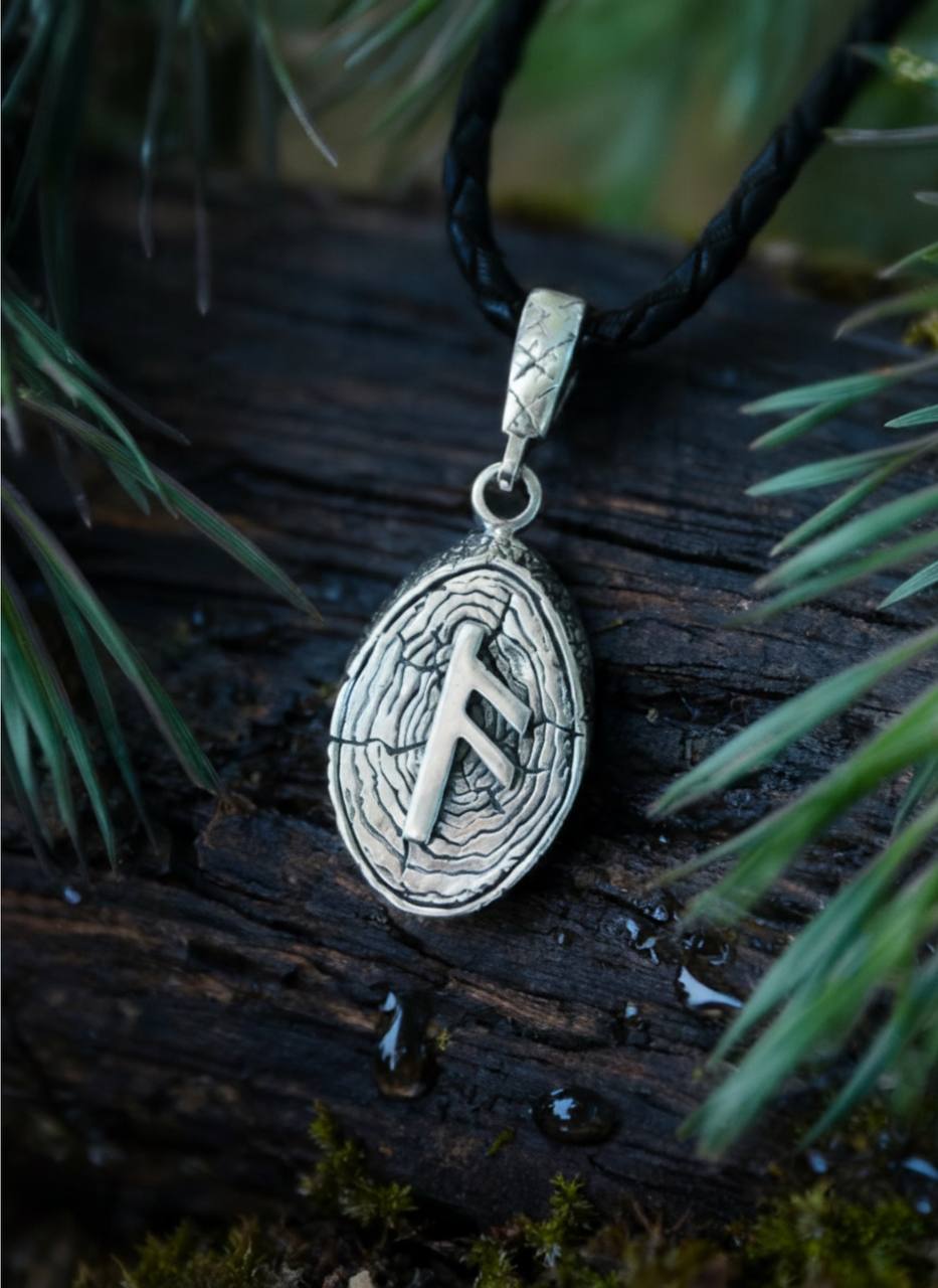 Ansuz Rune Amulet on Willow Wood-Slice, Sterling Silver 925 — Pendant