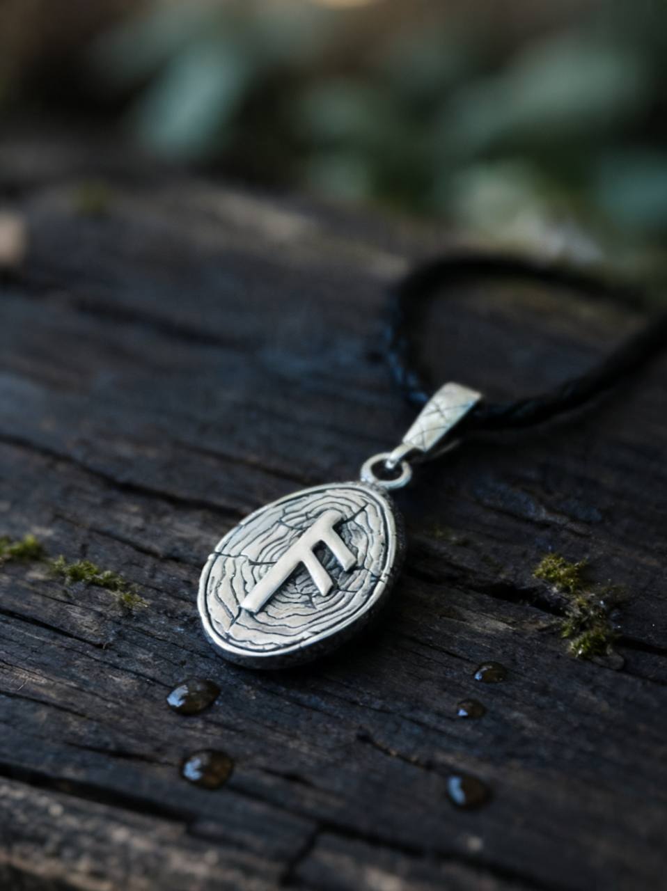 Ansuz Rune Amulet on Willow Wood-Slice, Sterling Silver 925 — Pendant