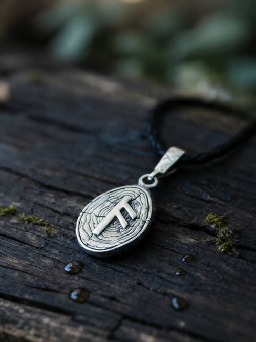 Ansuz Rune Amulet on Willow Wood-Slice, Sterling Silver 925 — Pendant