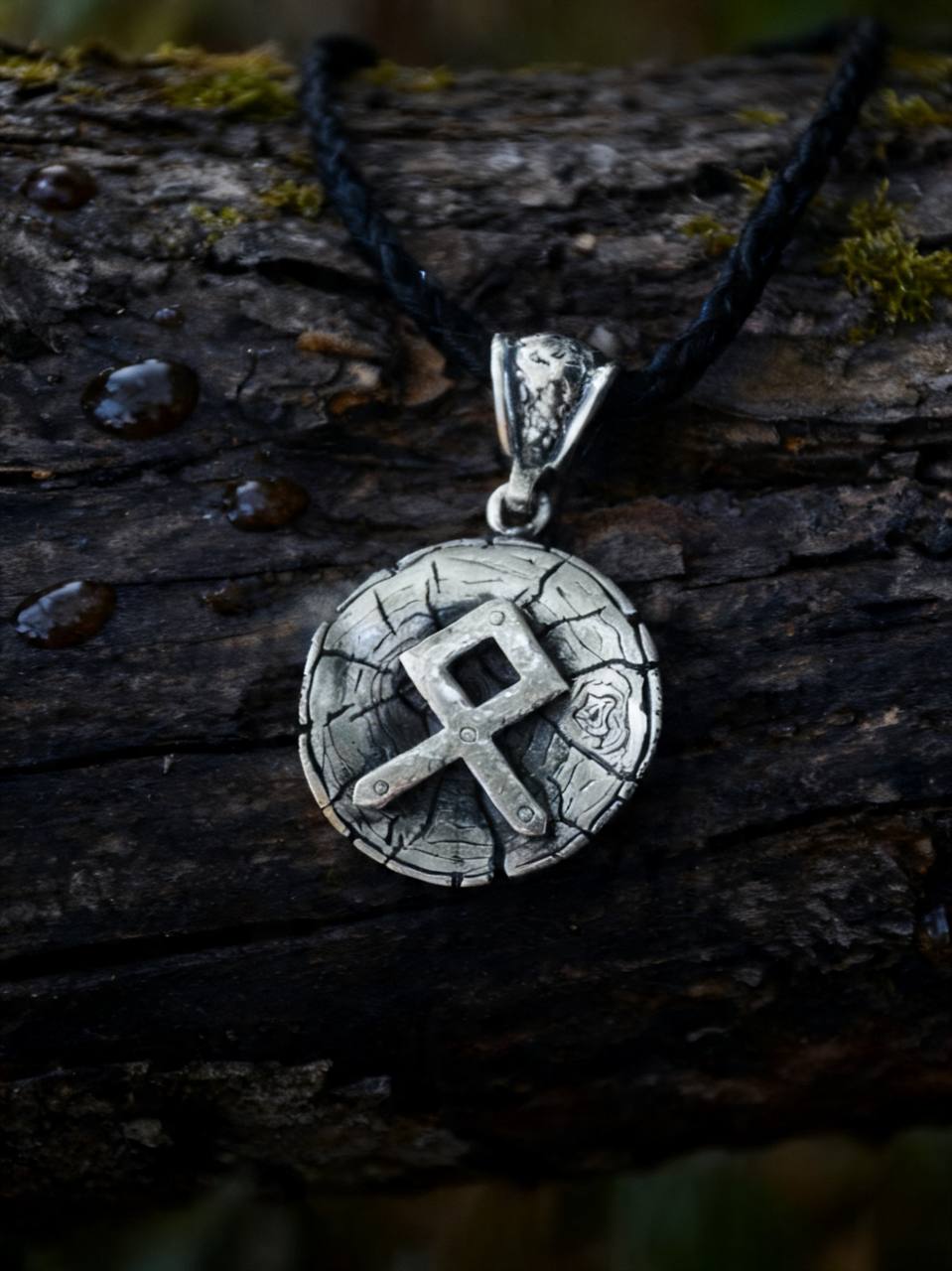 Odal Rune Amulet on Oak Wood-Slice, Sterling Silver 925 — Pendant