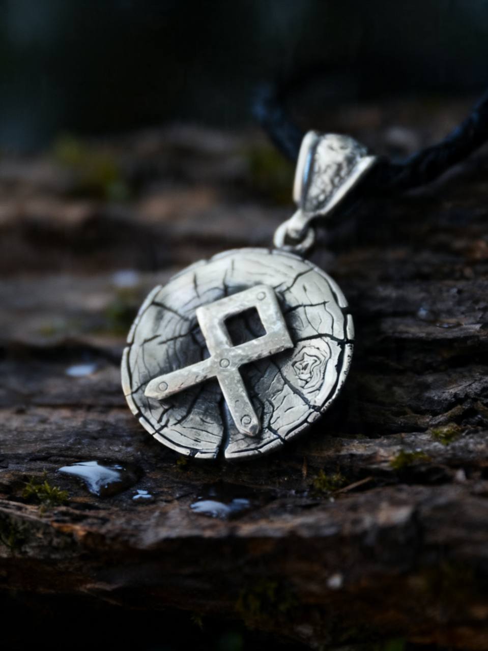 Odal Rune Amulet on Oak Wood-Slice, Sterling Silver 925 — Pendant