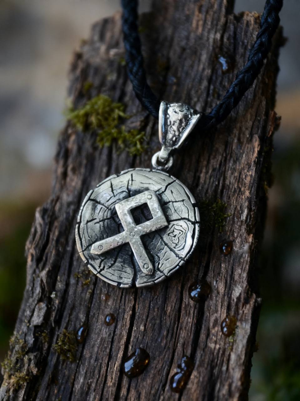 Odal Rune Amulet on Oak Wood-Slice, Sterling Silver 925 — Pendant