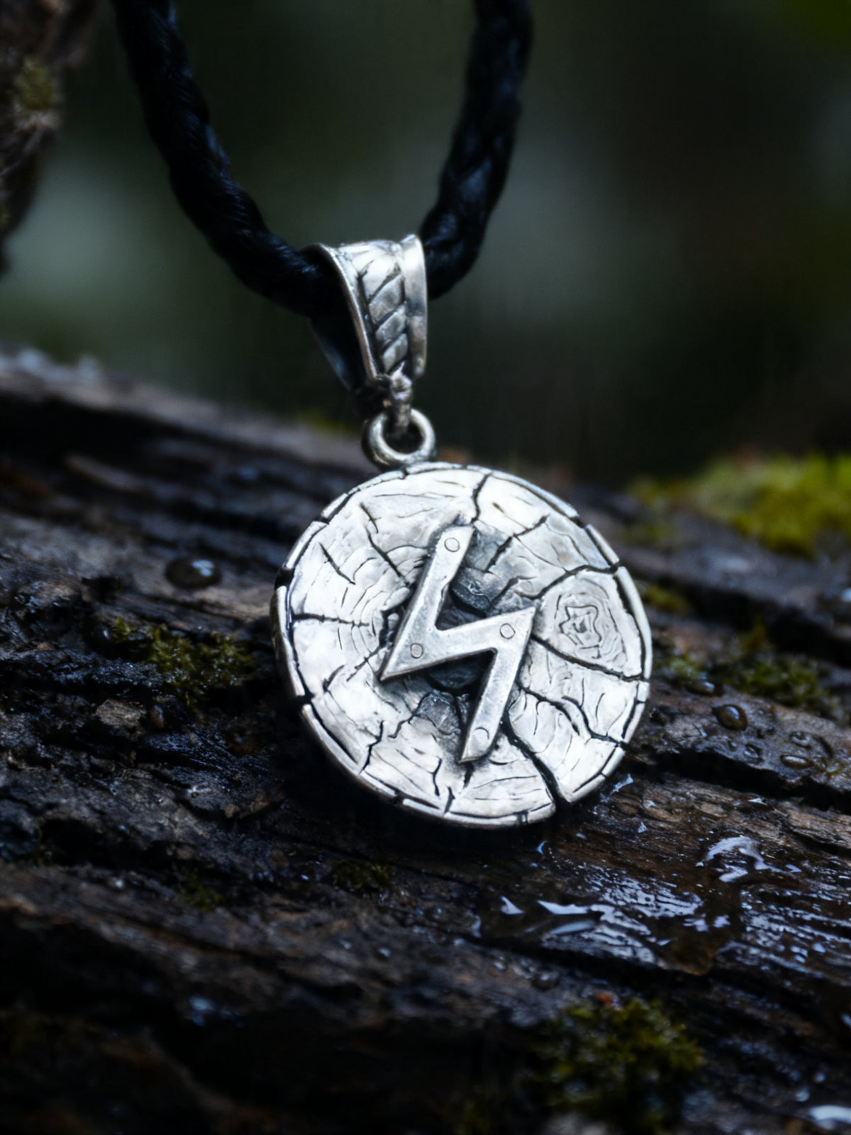 Sowilo Rune Amulet on Oak Wood-Slice, Sterling Silver 925 — Pendant