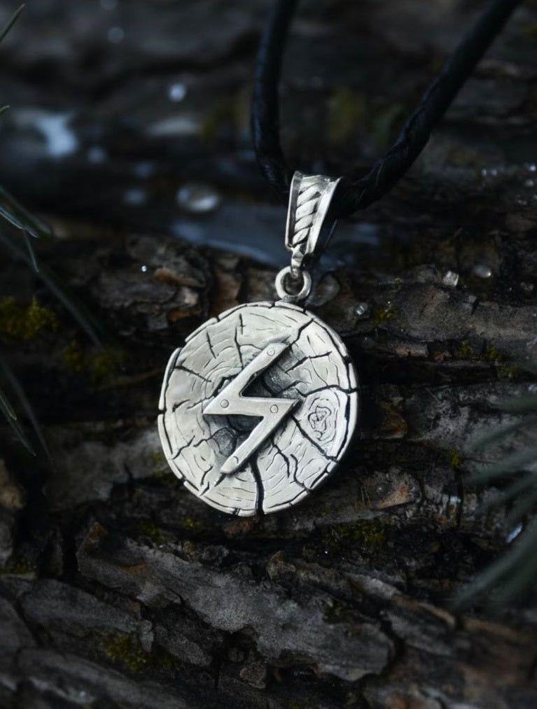 Sowilo Rune Amulet on Oak Wood-Slice, Sterling Silver 925 — Pendant