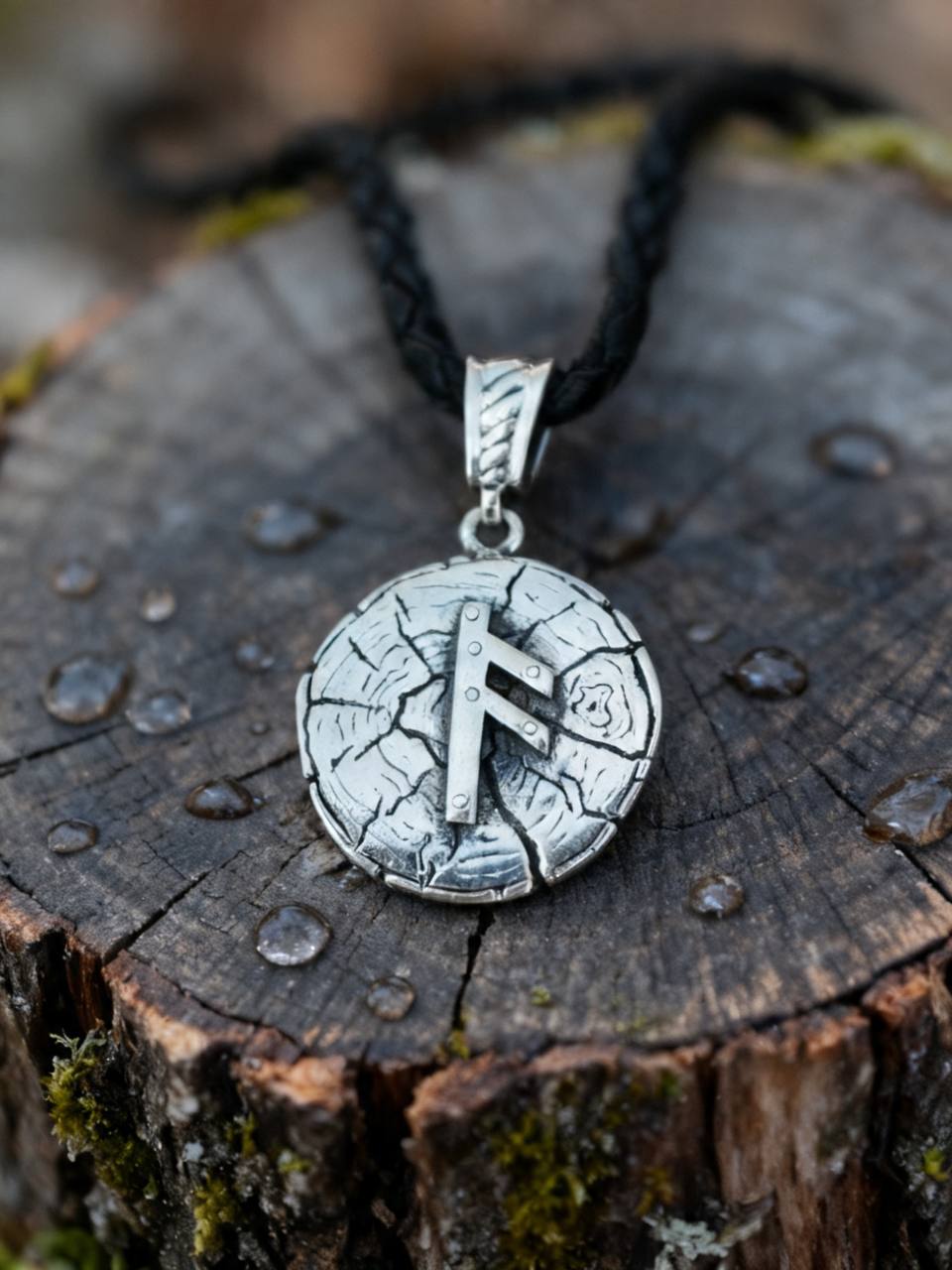 Ansuz Rune Amulet on Oak Wood-Slice, Sterling Silver 925 — Pendant