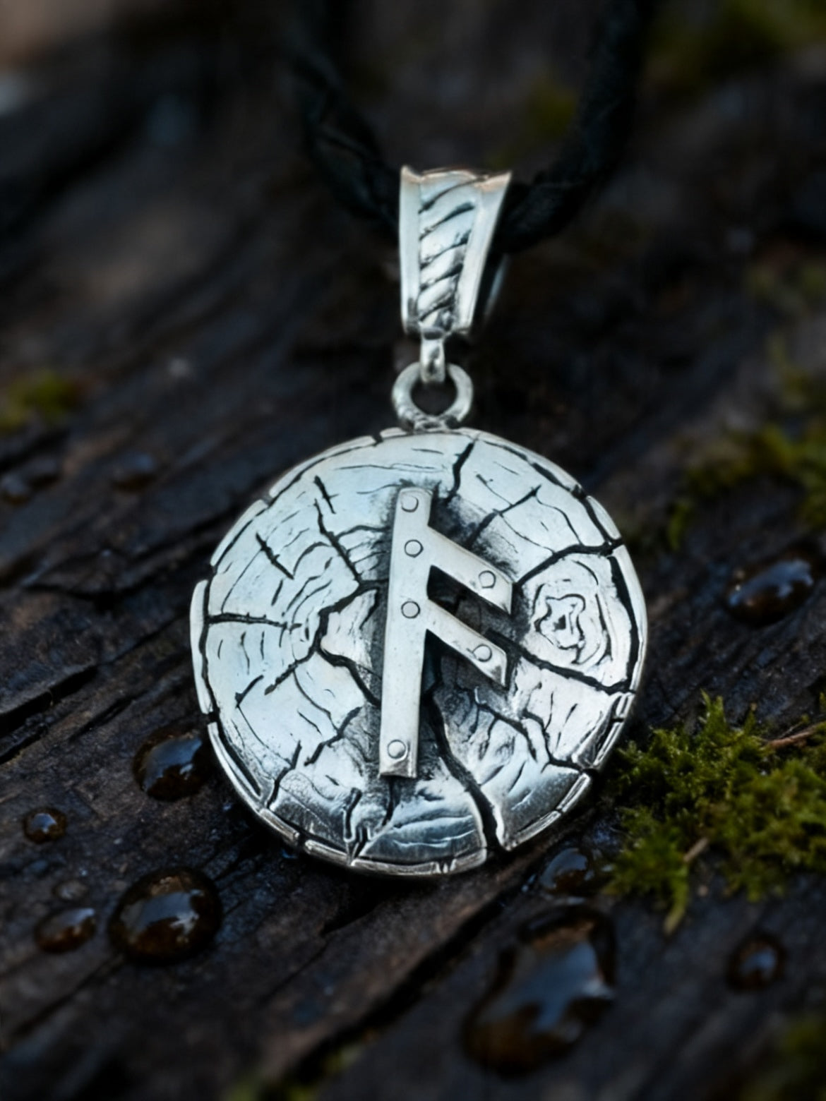 Ansuz Rune Amulet on Oak Wood-Slice, Sterling Silver 925 — Pendant