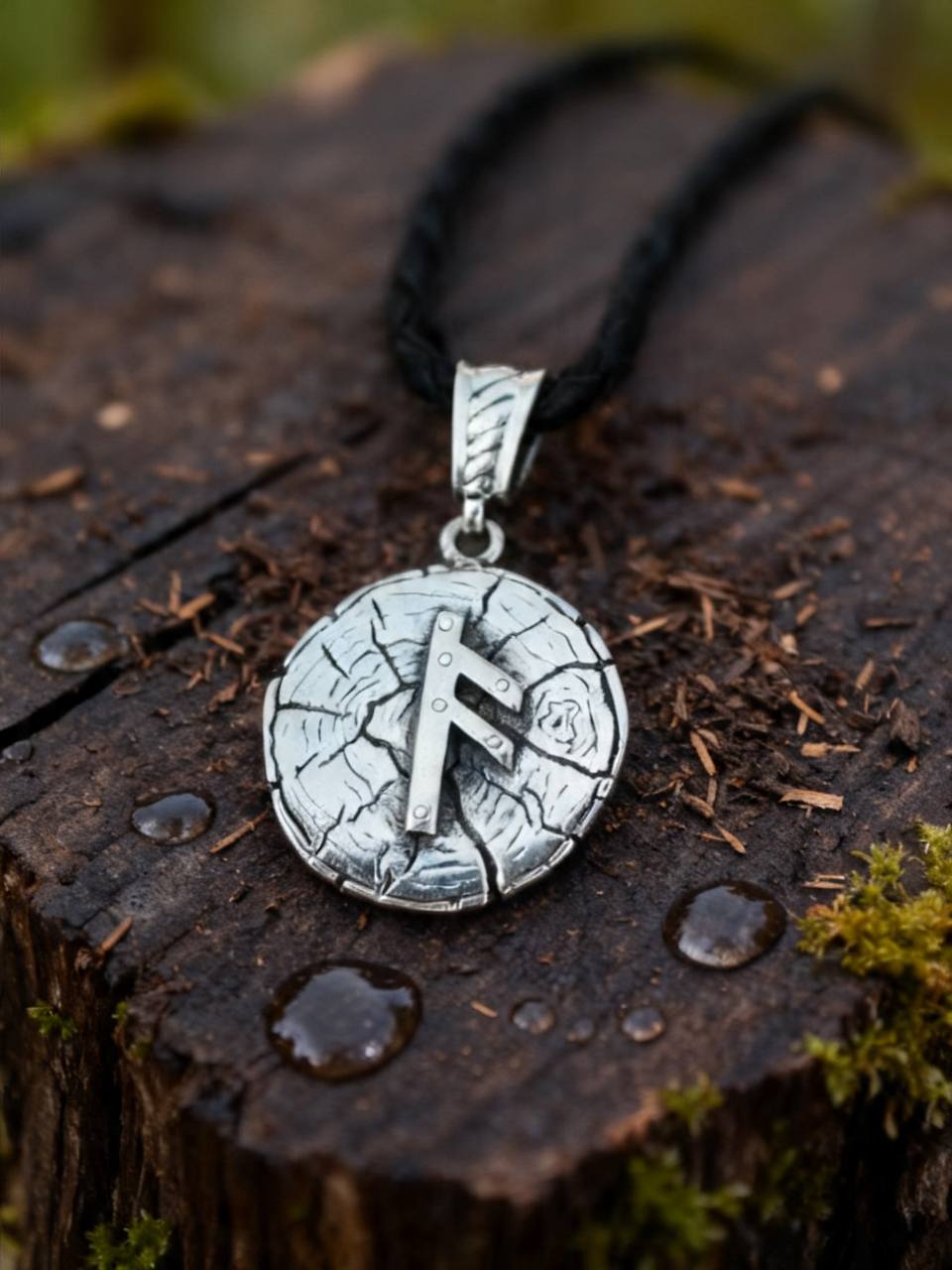Ansuz Rune Amulet on Oak Wood-Slice, Sterling Silver 925 — Pendant