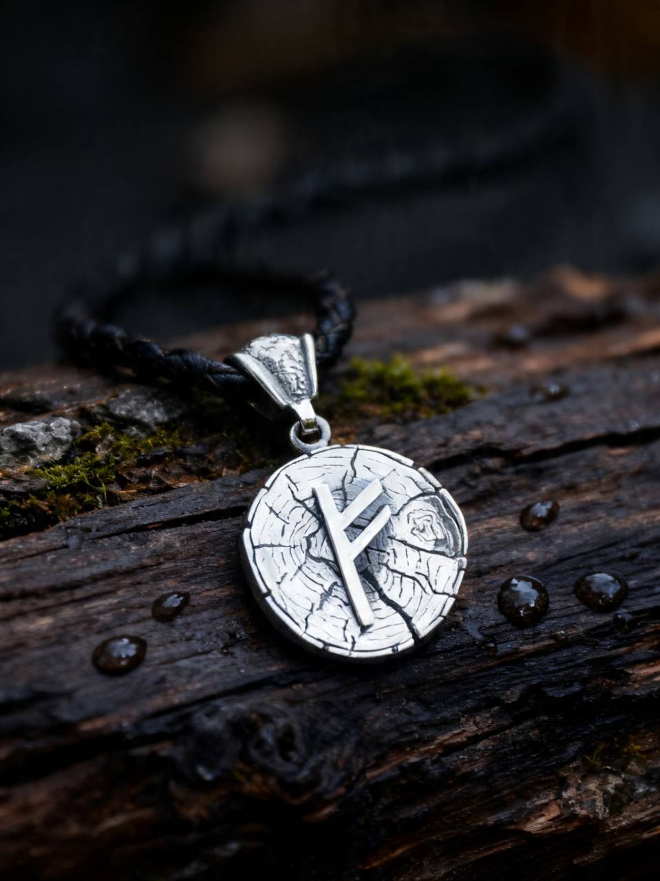 Fehu Rune Amulet on Oak Wood-Slice, Sterling Silver 925 — Pendant