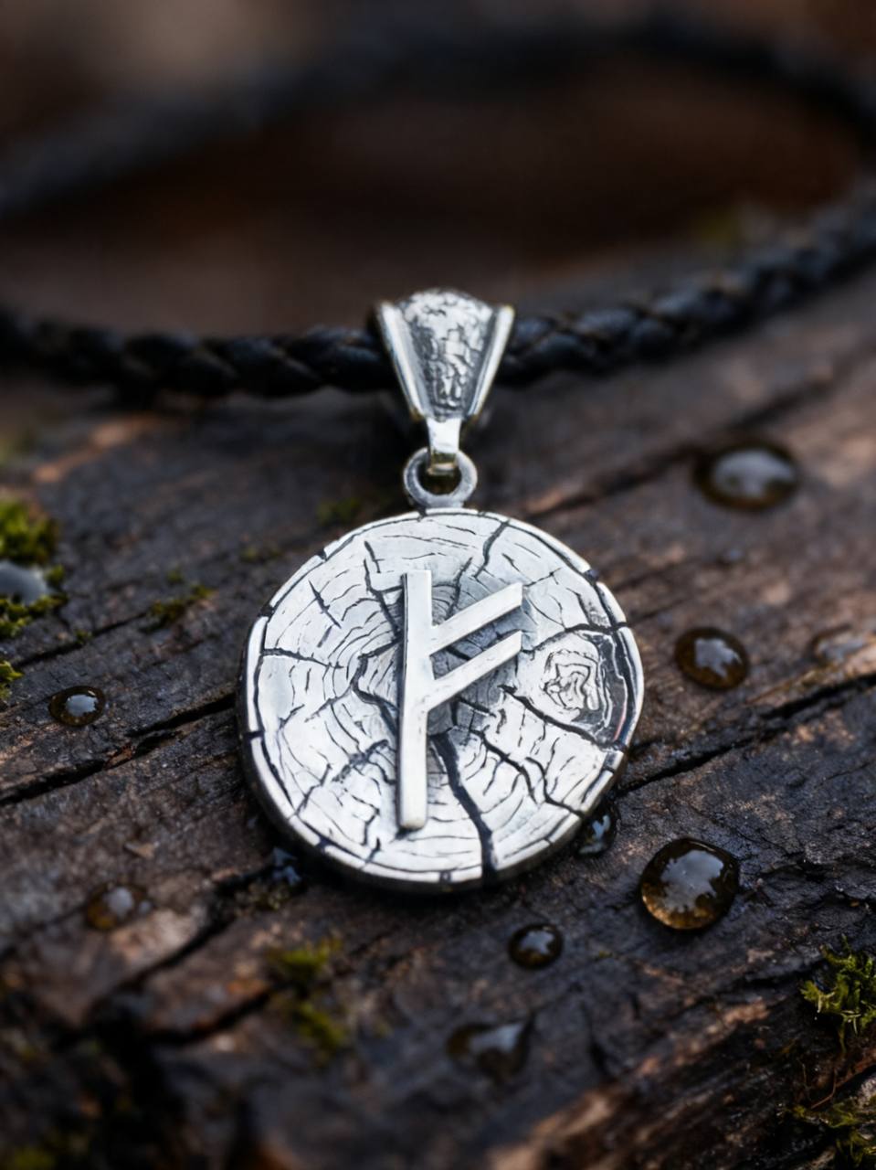Fehu Rune Amulet on Oak Wood-Slice, Sterling Silver 925 — Pendant