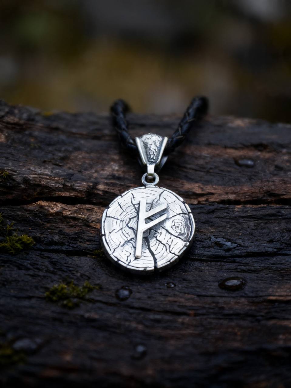 Fehu Rune Amulet on Oak Wood-Slice, Sterling Silver 925 — Pendant