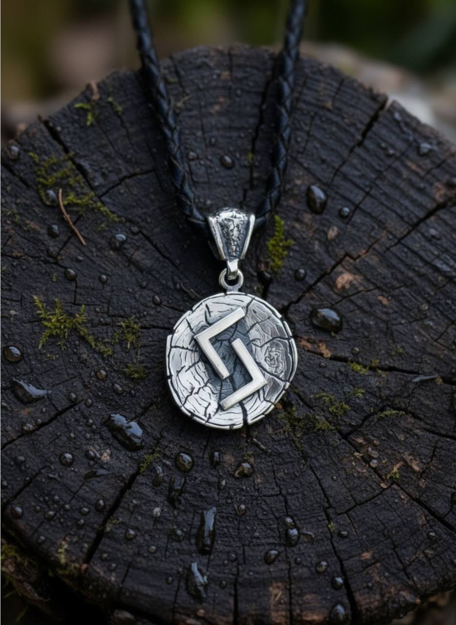 Jera Rune Amulet on Oak Wood-Slice, Sterling Silver 925 — Pendant