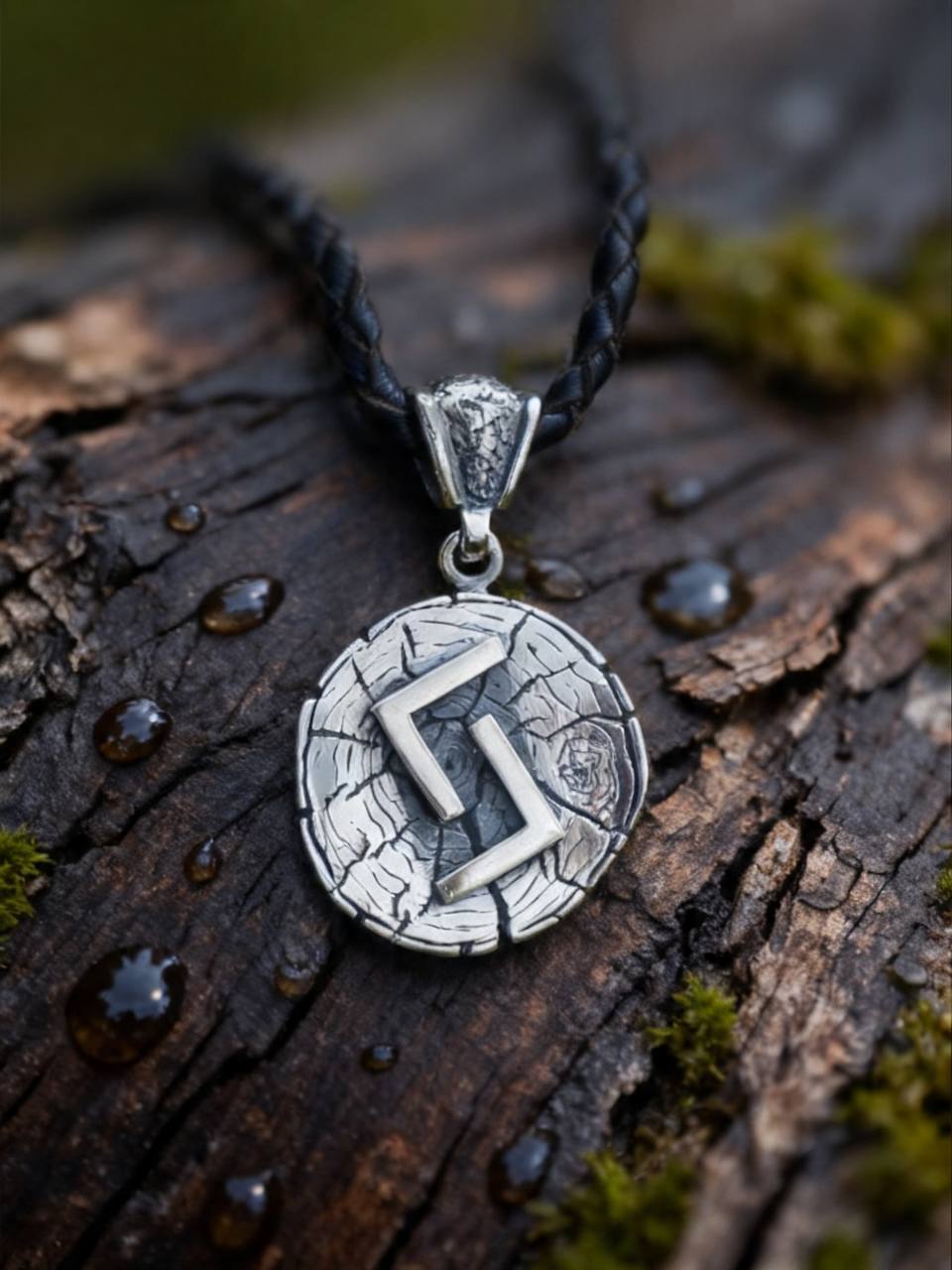 Jera Rune Amulet on Oak Wood-Slice, Sterling Silver 925 — Pendant