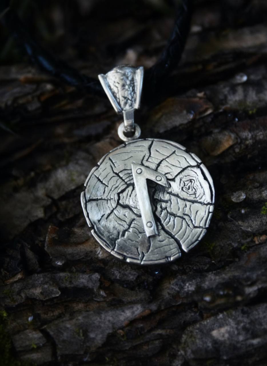 Laguz Rune Amulet on Oak Wood-Slice, Sterling Silver 925 — Pendant