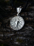 Laguz Rune Amulet on Oak Wood-Slice, Sterling Silver 925 — Pendant