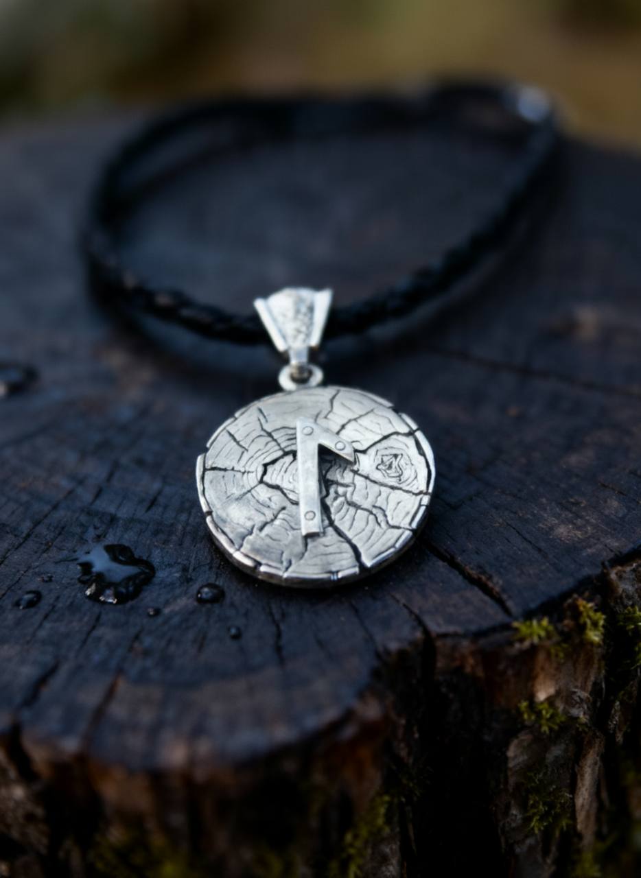 Laguz Rune Amulet on Oak Wood-Slice, Sterling Silver 925 — Pendant