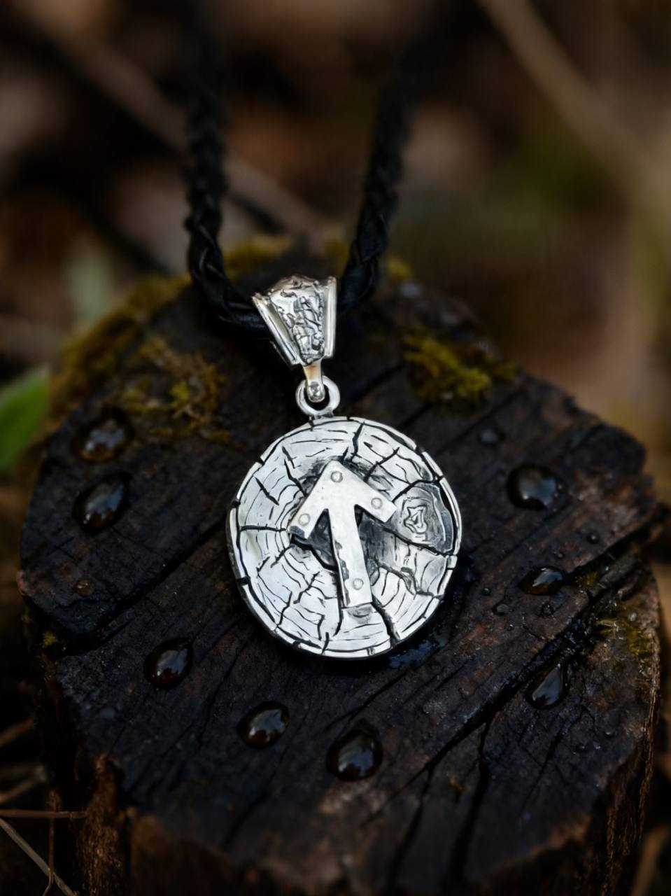 Tiwaz Rune Amulet on Oak Wood-Slice, Sterling Silver 925 — Pendant