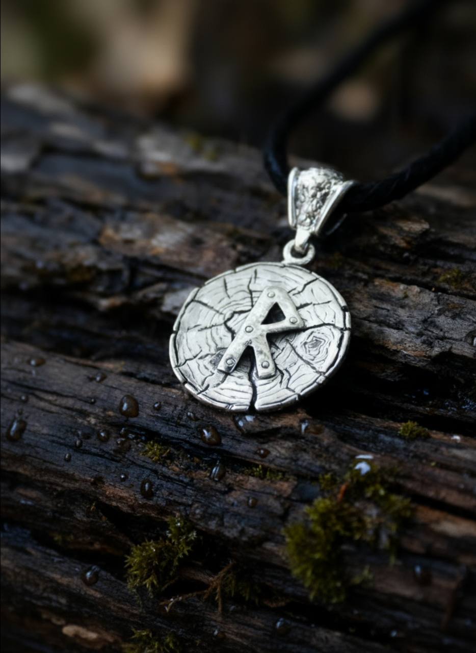 Raidho Rune Amulet on Oak Wood-Slice, Sterling Silver 925 — Pendant